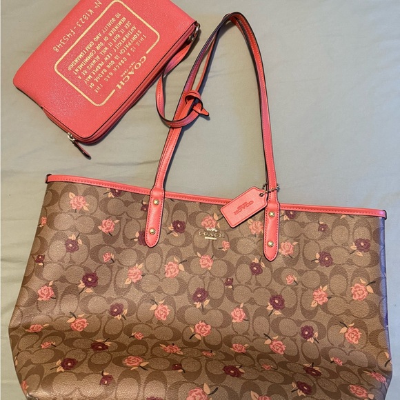 Coach Brown and Pink Floral Tote - Picture 1 of 4